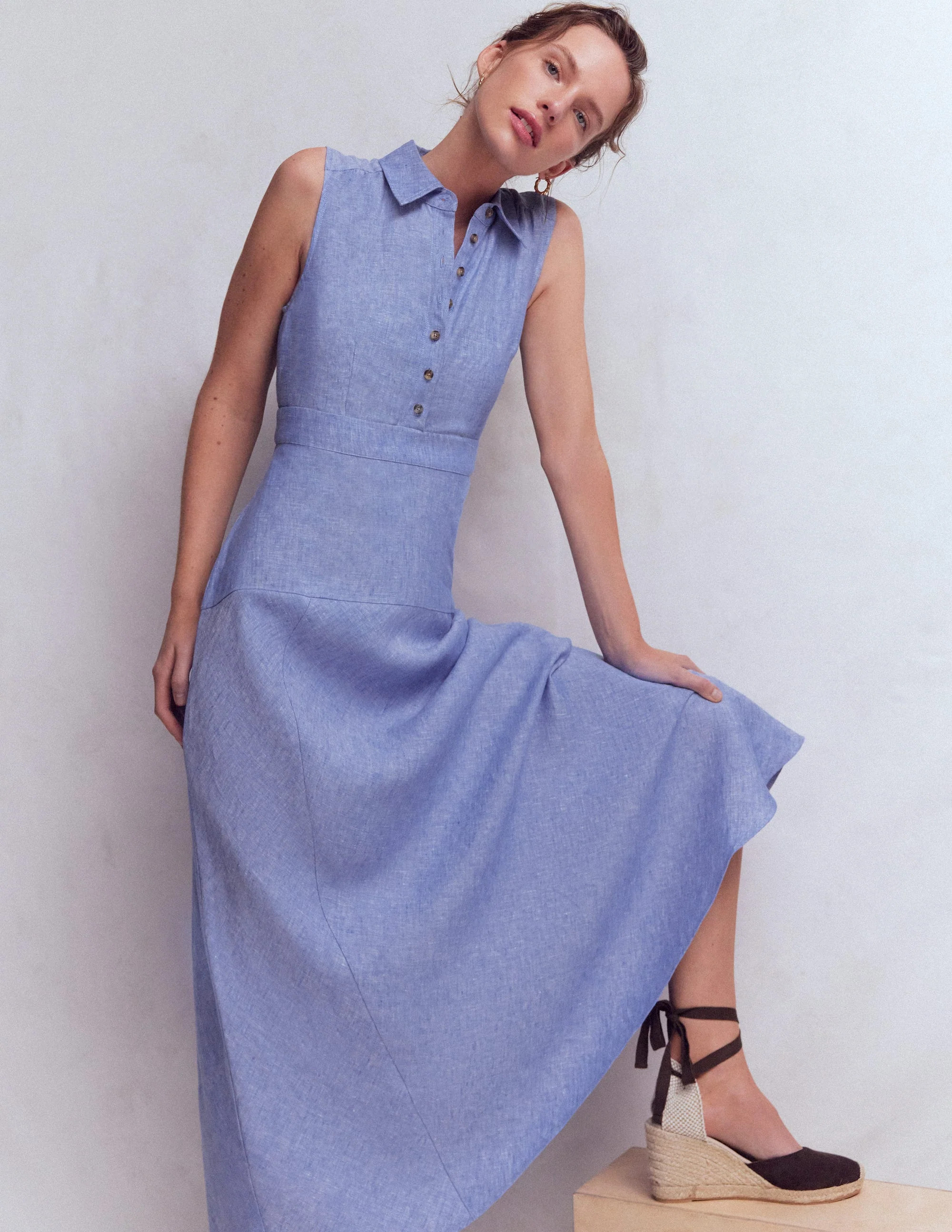 Erma Drop Waist Linen Dress-White | Boden UK