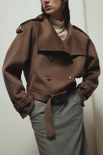 Belt-detail wool jacket - Brown - Ladies | H&M GB | H&M (UK, MY, IN, SG, PH, TW, HK)