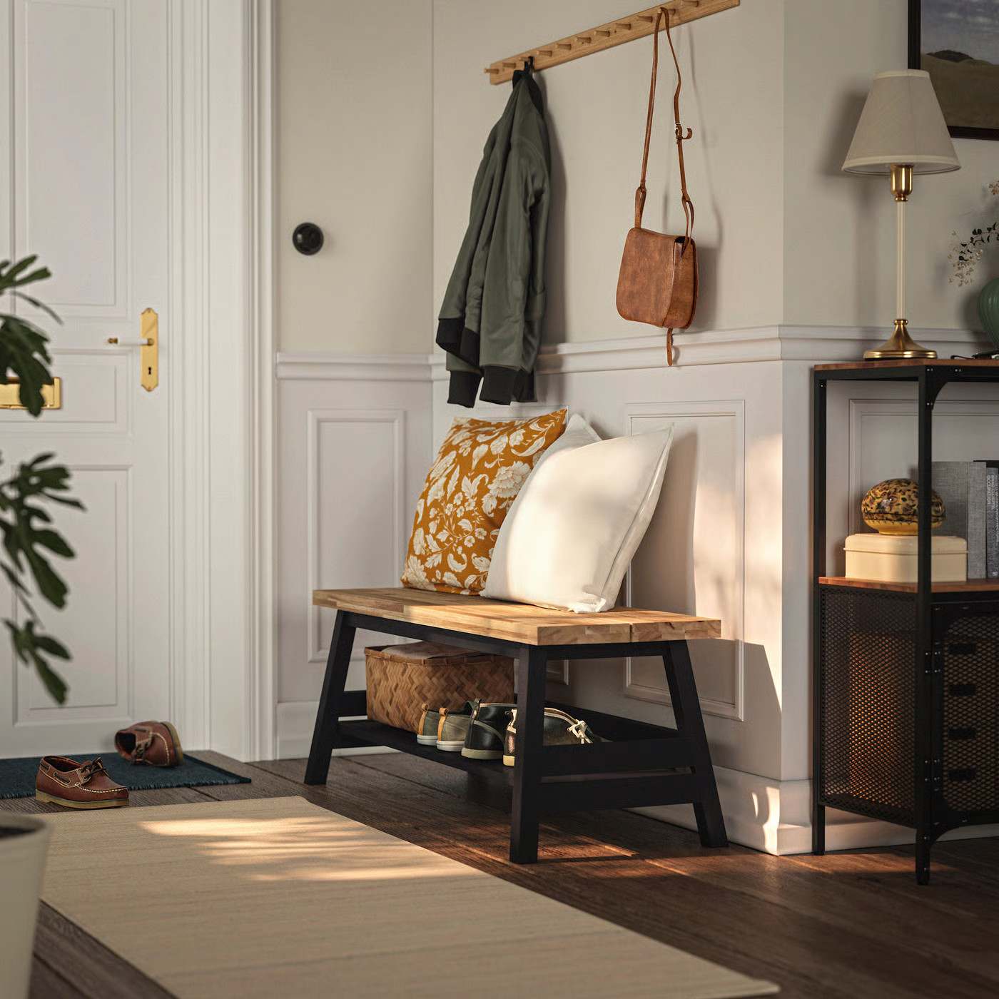 IKEA SKOGSTA bench with storage, acacia/black, 47 1/4 | IKEA US