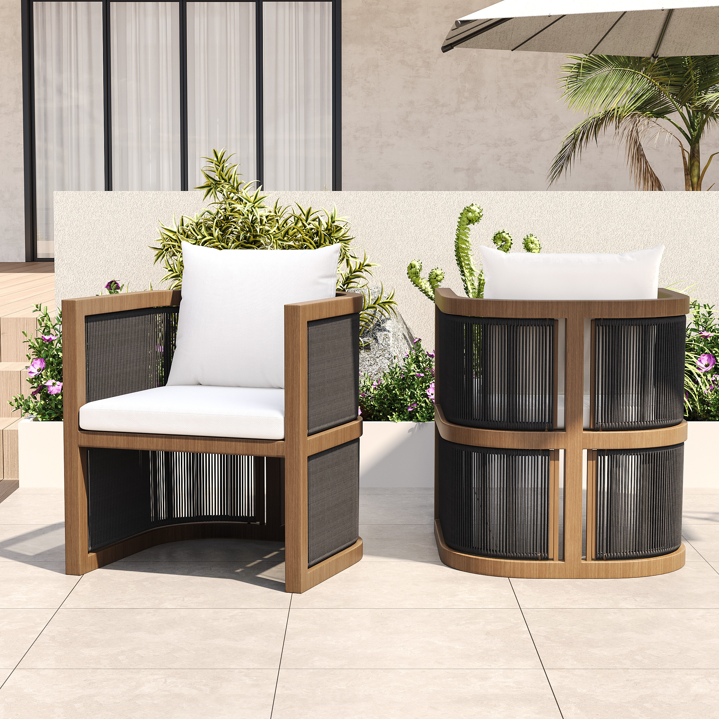 2 Pieces Modern Aluminum & Ropes Outdoor Patio Dining Chair Set | Homary