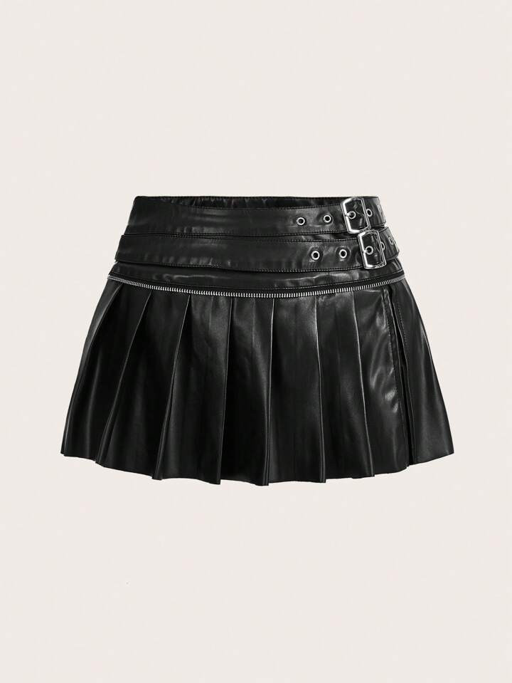 SHEIN ICON Low Waist Double Belted Pleated Slit Skirt | SHEIN