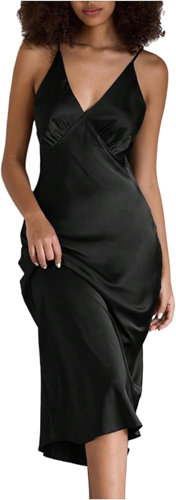 Satin Nightgown for Women Soft Spaghetti Strap Long Dress V Sleeveless Solid Loungewear Sleepwear... | Amazon (US)