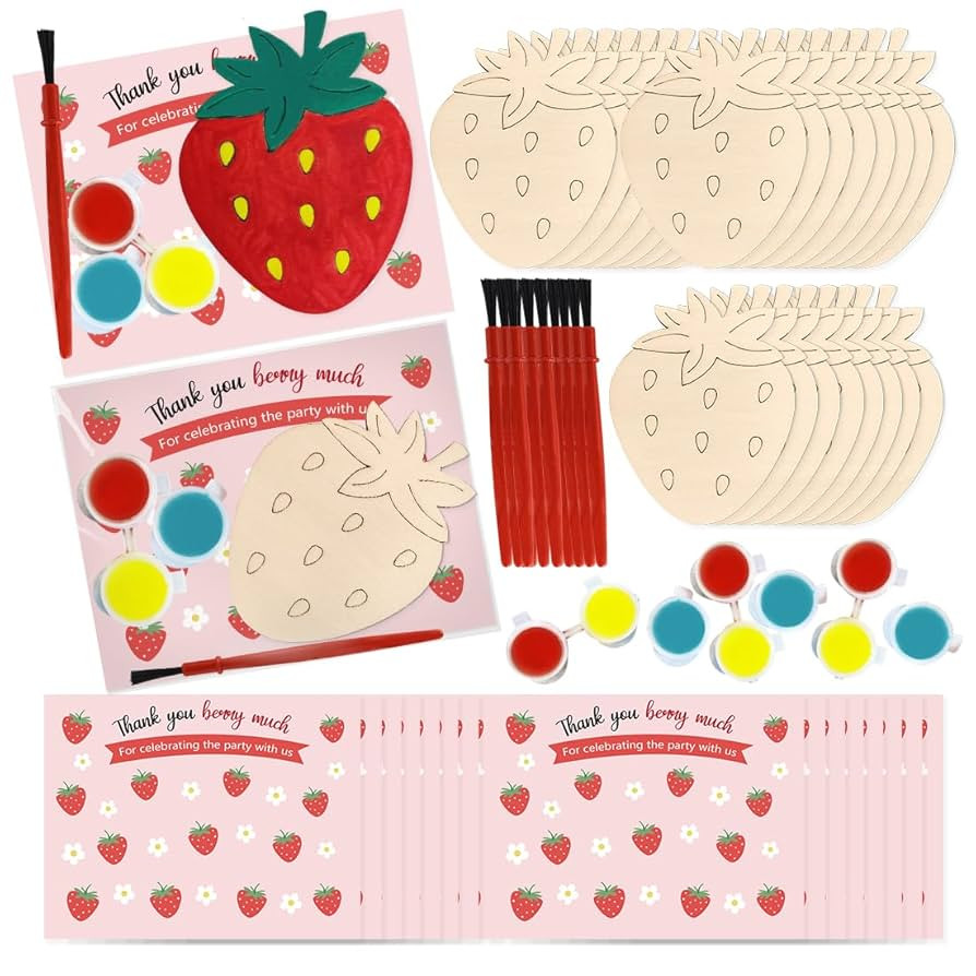 Jekocet ㅤ Strawberry Happy Birthday Party Favors Cards with Wood Painting Crafts Bulk Strawberr... | Amazon (US)