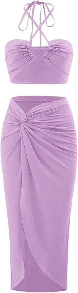 Women's 2 Piece Outfit Summer Vacation Beach Criss Cross Halter Crop Top and Twist Front Split Lo... | Amazon (US)