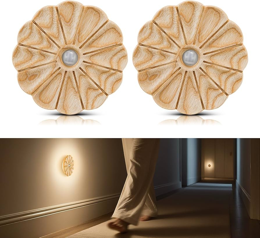Motion Sensor Night Light Wooden Carved Flower Mini USB Rechargeable Stick-On Step Lights Magneti... | Amazon (US)