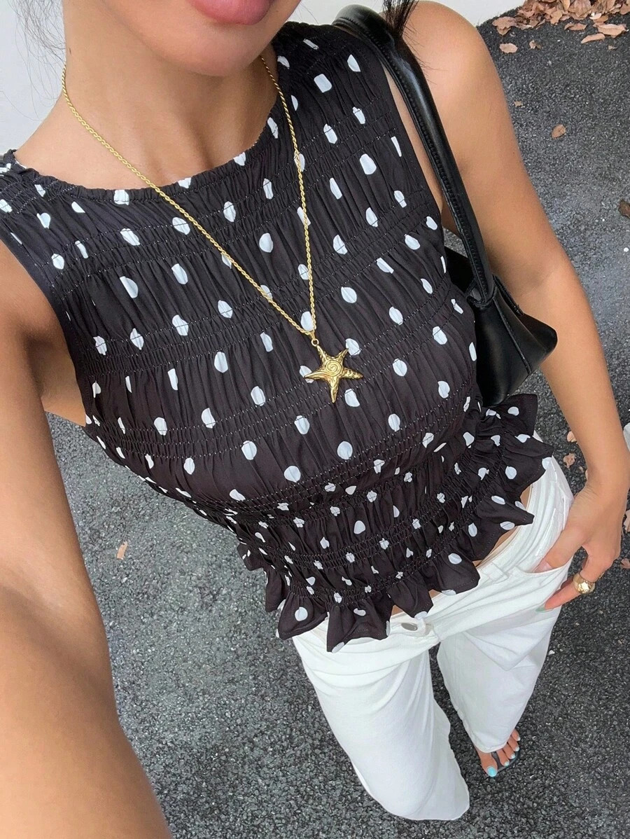 Siren Gaze Regata Cropped Sem Mangas com Bolinhas | SHEIN