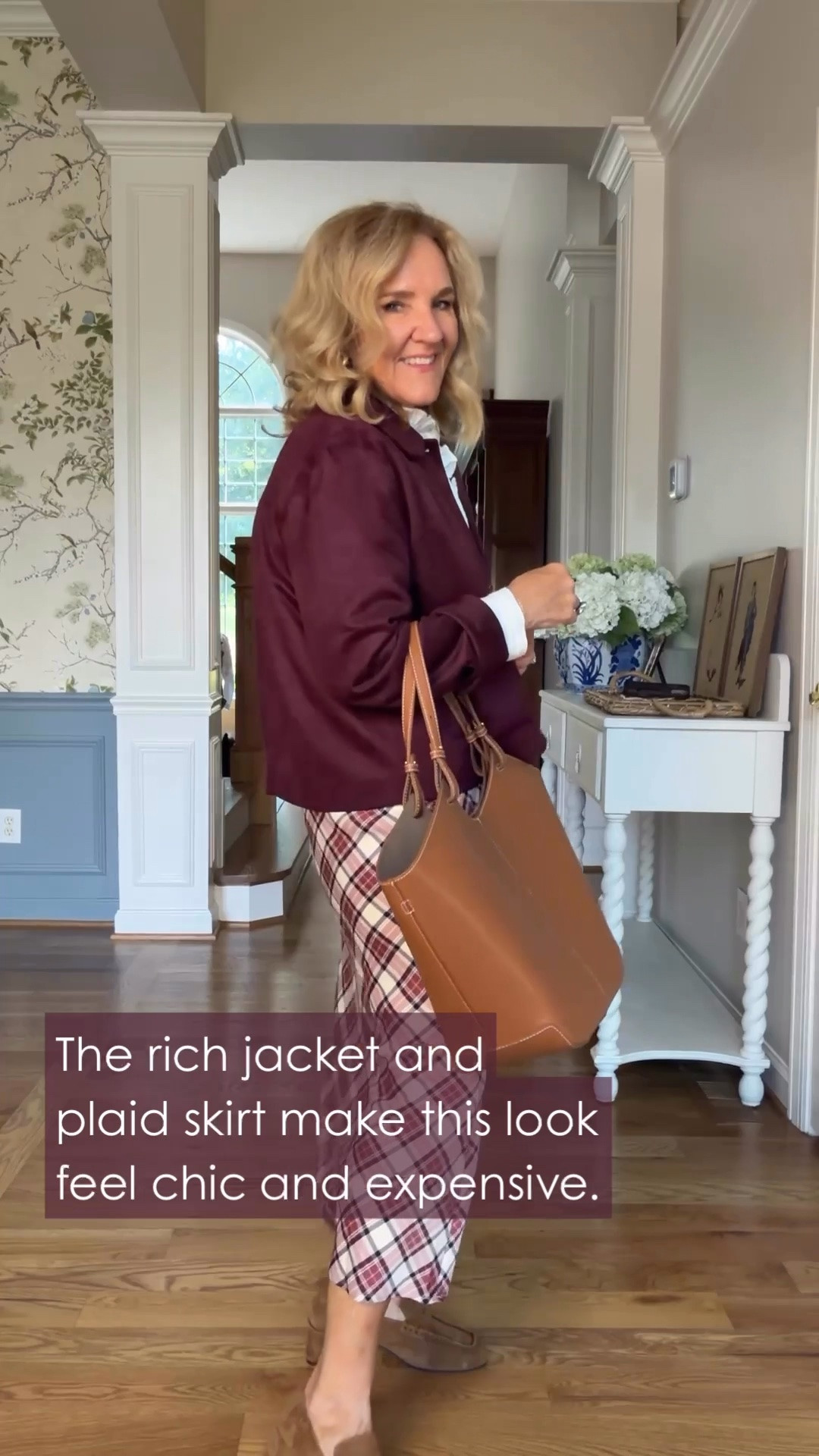 Oh, this jacket with the plaid skirt is such a good fall combination. I’m wearing a medium in both the jacket and skirt, and a small in the ruffle blouse.