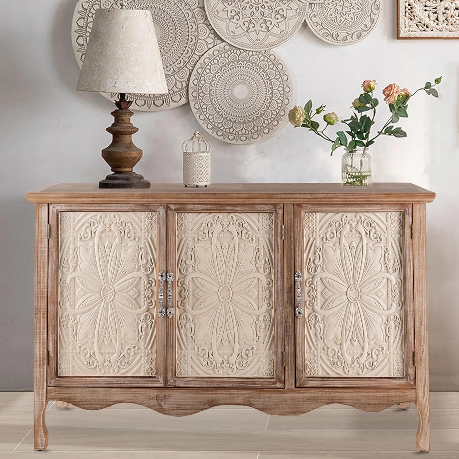 Royalcraft Accent Cabinet Rustic Storage Cabinet with 3 Carved Doors, Vintage Sideboard Buffet Ca... | Walmart (US)