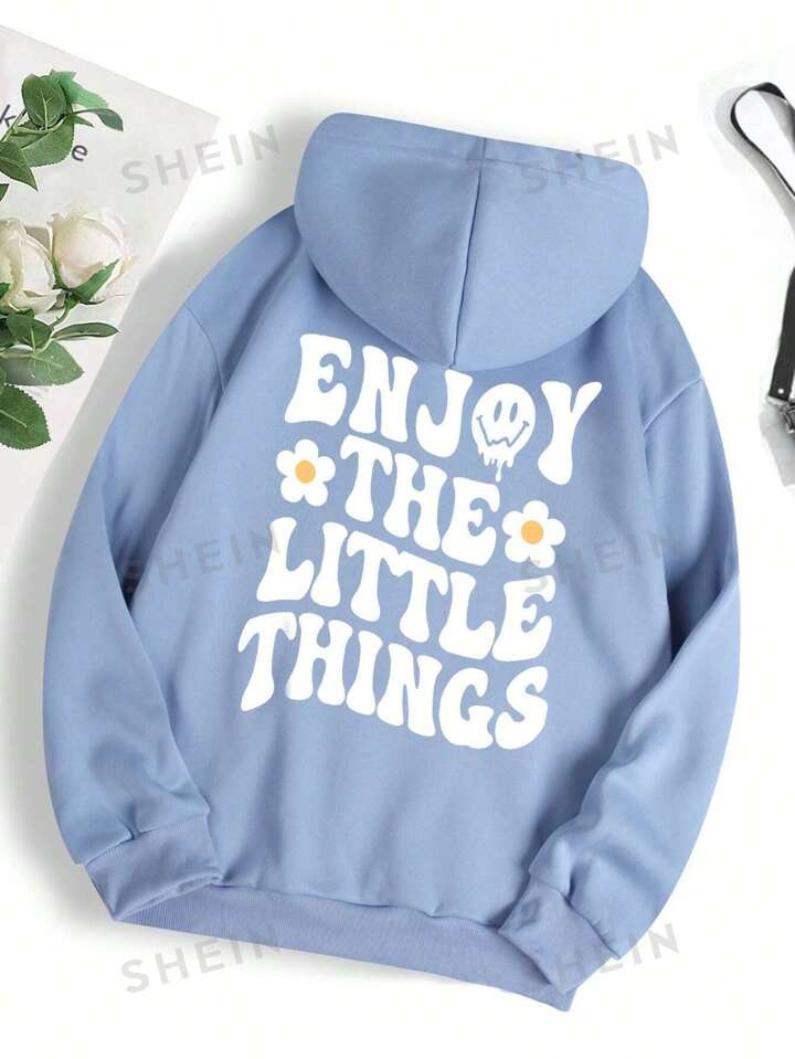 Slogan & Floral Print Kangaroo Pocket Drawstring Thermal Lined Hoodie | SHEIN