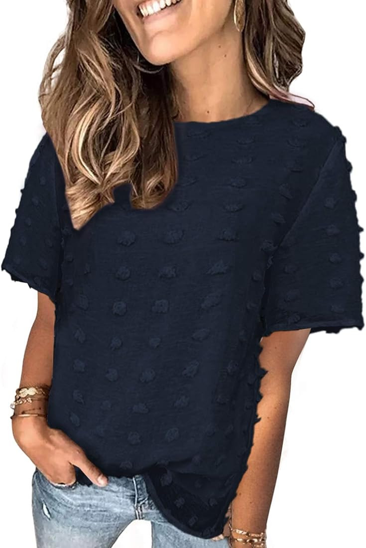 BTFBM Women's Cute Swiss Dot Casual Summer Tops Crewneck Short Sleeve Chiffon Blouses Solid Color... | Amazon (US)