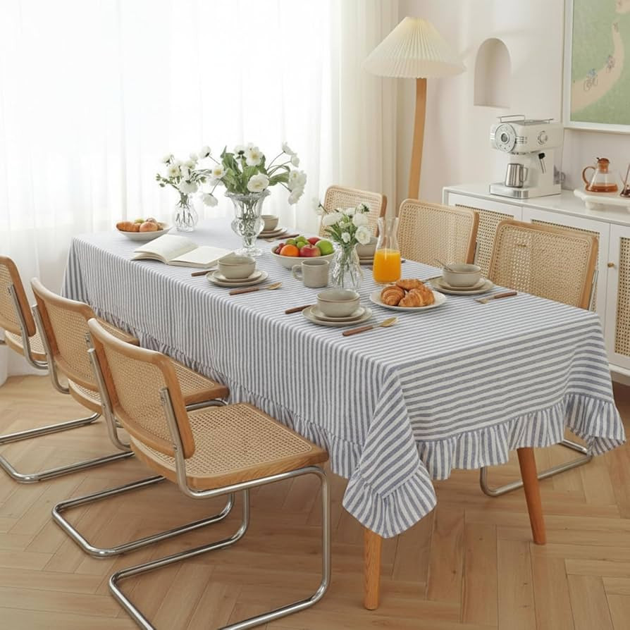 Boao Cotton 60 x 120 Inch Farmhouse Ruffle Tablecloth Blue White Striped Flounces Trim Table Cove... | Amazon (US)