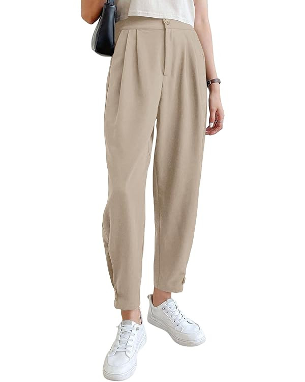 Cicy Bell Women Casual High Waisted Button Pencil Pants Work Office Straight Leg Dress Pants Fold... | Amazon (US)