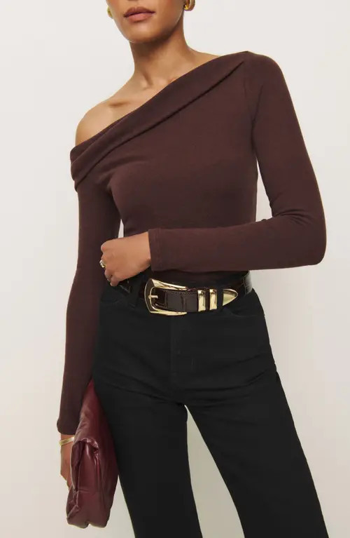Reformation Elio Off the Shoulder Knit Top in Mahogany at Nordstrom, Size Medium | Nordstrom