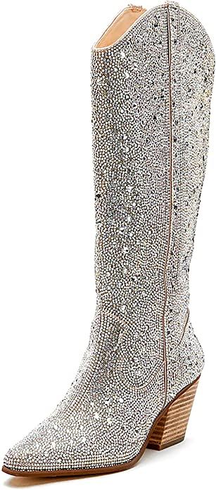 Women's Rhinestone Boots Western Mid Calf Pointed Toe Fashion Cowgirl Boots 5cm Chunky Stacked He... | Amazon (US)