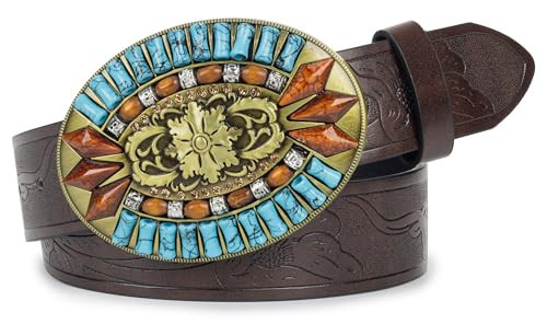 KorhLeoh Western Cowboy Belt for Women Tuoquoise Bead Buckle Belt for Jeans Pants | Amazon (US)