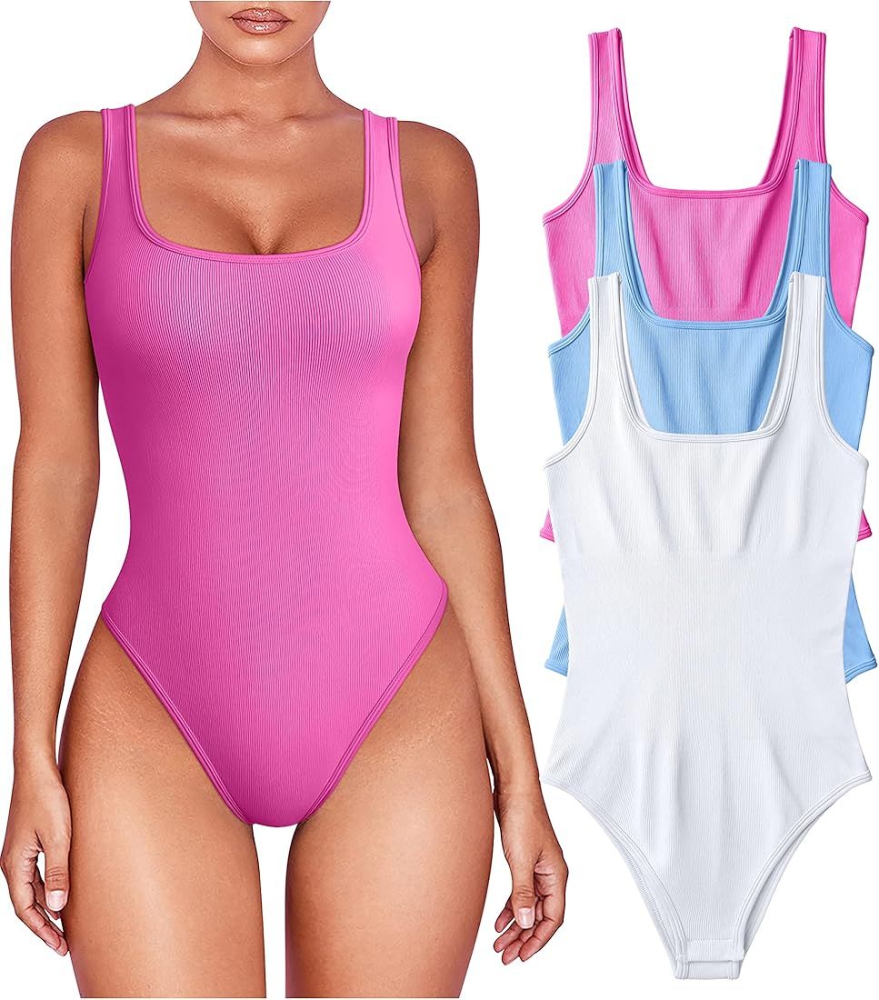 TOB Women's 3 Piece Bodysuits Sexy Ribbed Sleeveless Square Neck Shapewear Bodysuits | Amazon (US)