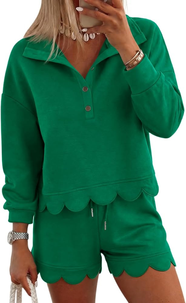 Fisoew Womens 2 Piece Sets Sweatsuits Casual Half Button Long Sleeve Tops and Shorts Sweatshirt W... | Amazon (US)
