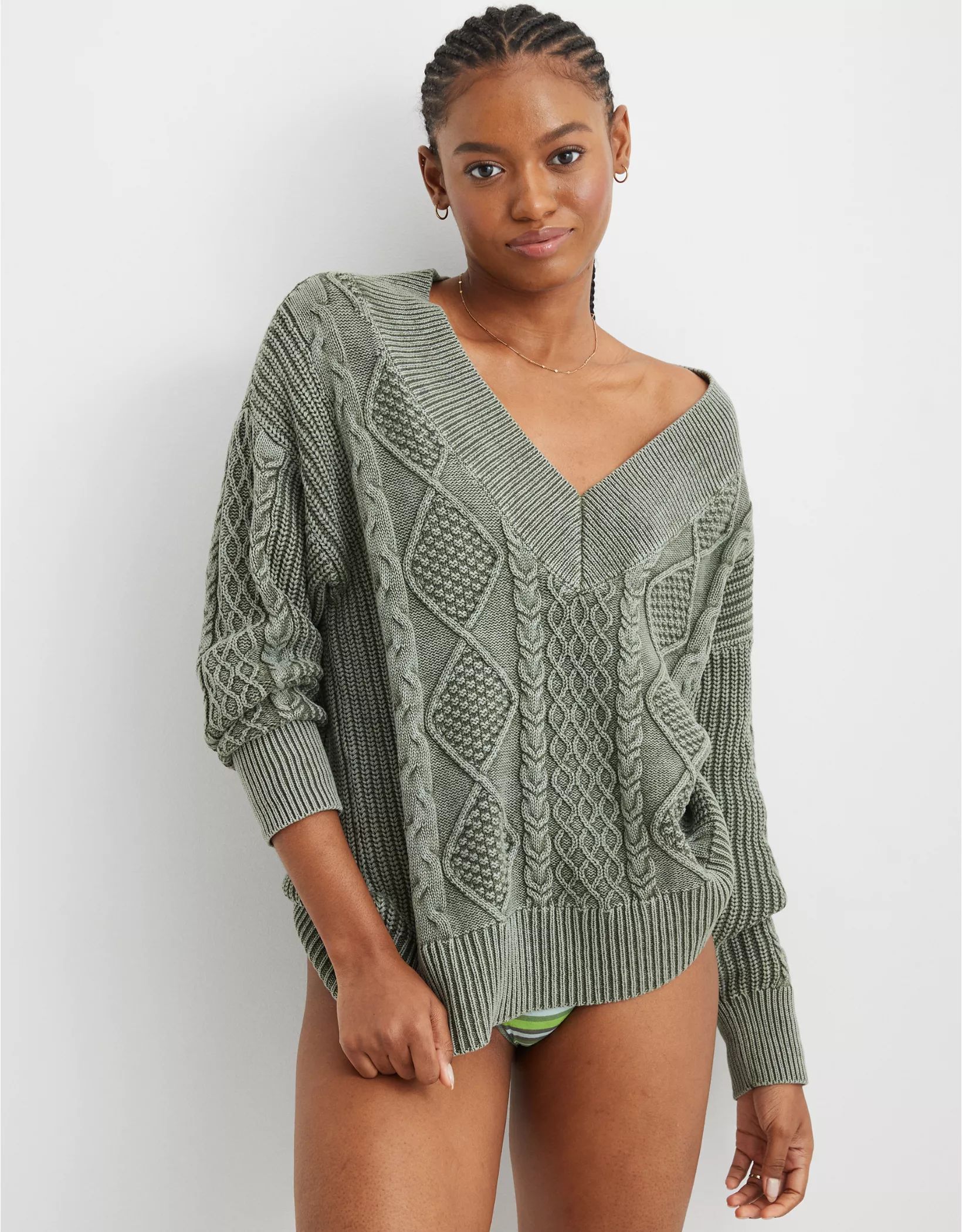 Aerie Cable V-Neck Pullover Sweater | Aerie