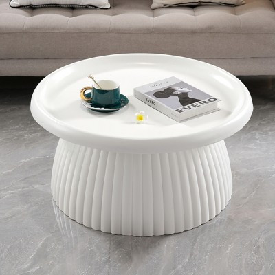 White Magnesium Oxide Fluted Pedestal Coffee Table, 27.56" Round Center Table | Target
