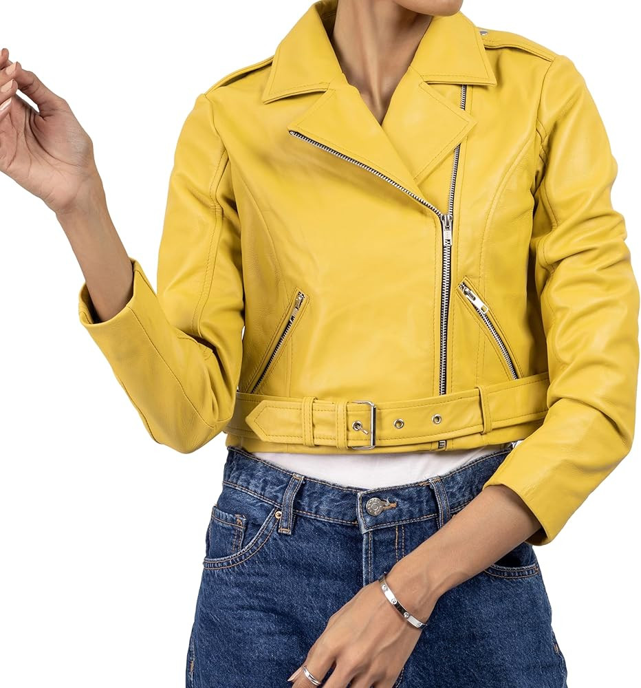 Jild Cropped Leather Jacket Women Lapel Asymmetric Zip Up Moto Biker Short Coat with Belt | Amazon (US)
