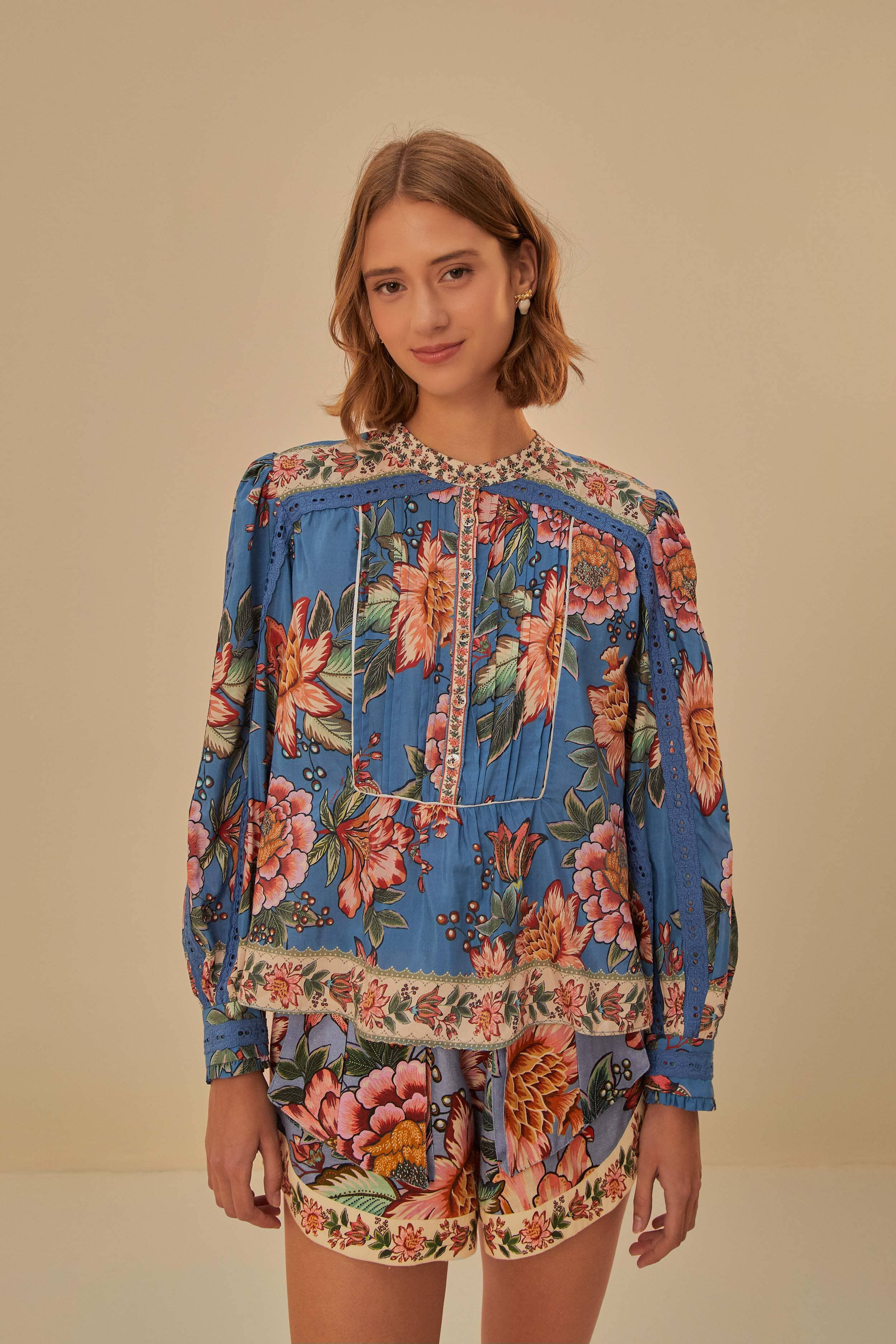 Blue Wonderful Bouquet Long Sleeve Blouse | FarmRio (US)