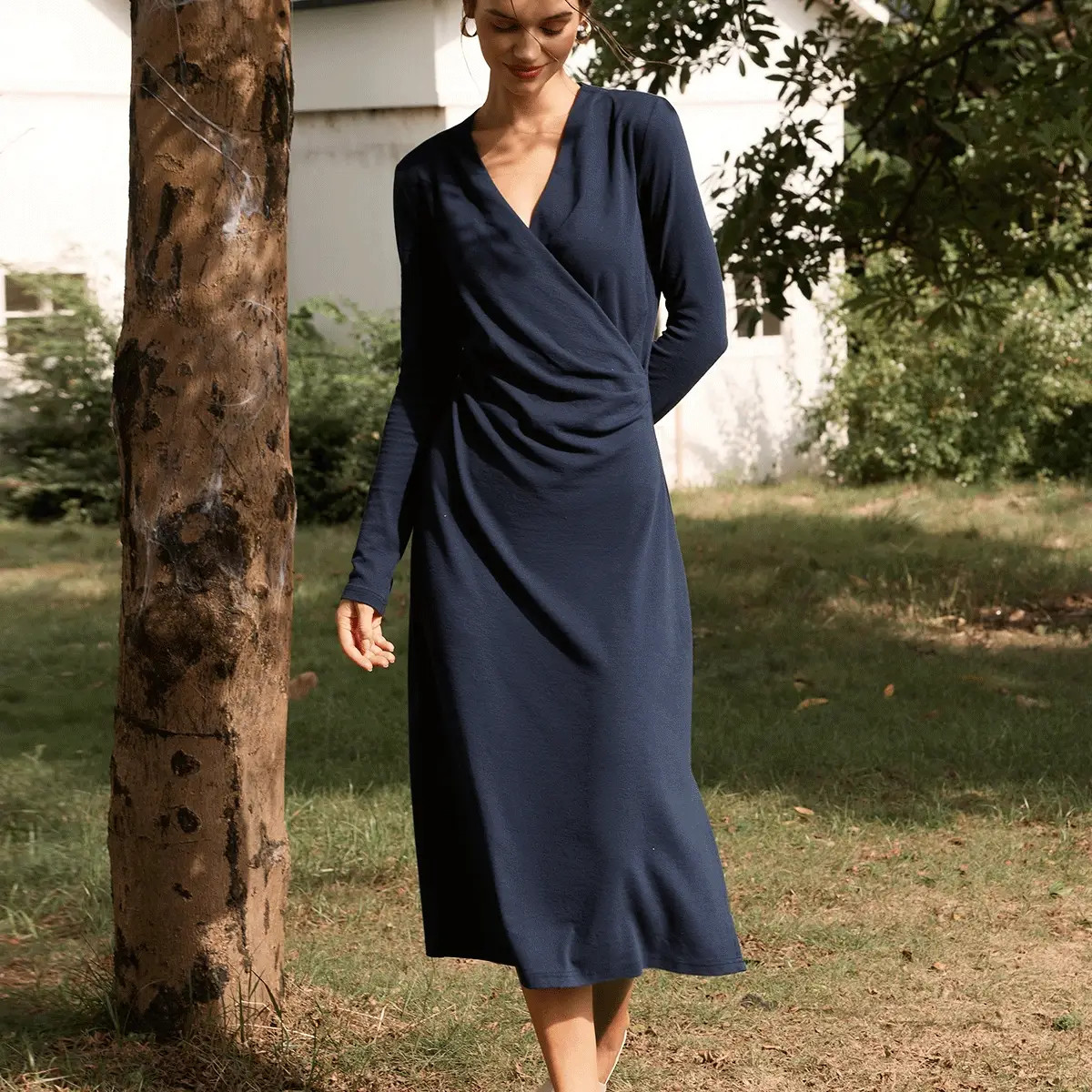 Linen Crossover V-Neck Wrap Stretch Midi Dress MARNIE | LINTICO
