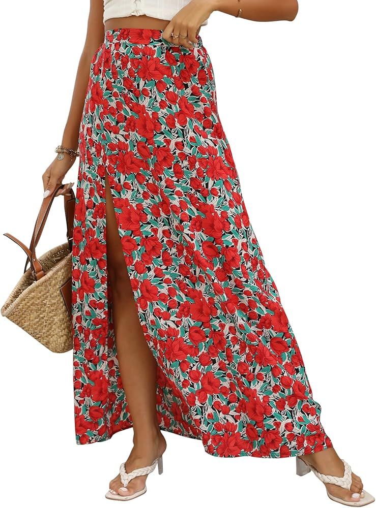 LYANER Women's Bohemian Floral Print High Waist Split Hem Slit Maxi Long Skirt | Amazon (US)