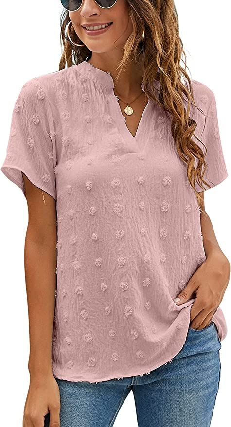 Blooming Jelly Womens White Chiffon Blouses Short Sleeve V Neck Shirts Summer Casual Polka Dot To... | Amazon (US)