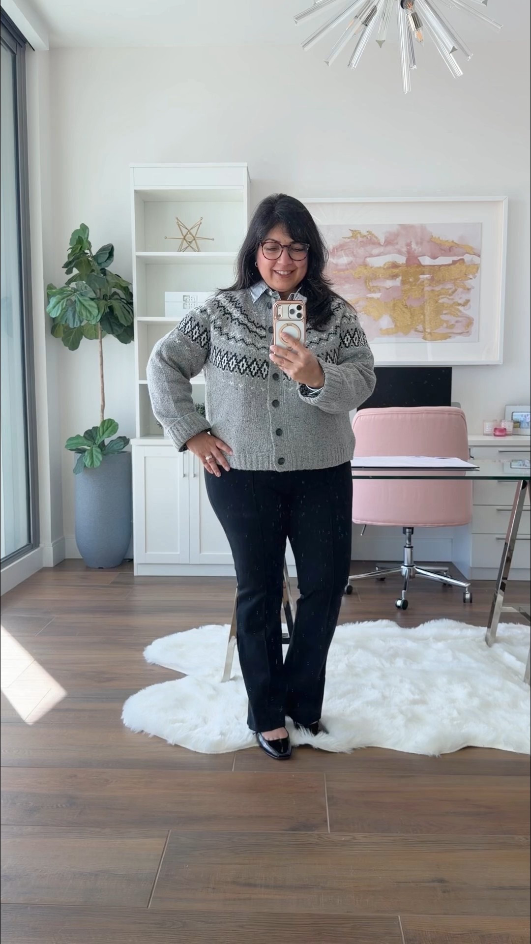 Winter capsule wardrobe staples! Fair Isle sweaters are popping up everywhere this season and I’m loving the design on this grey cardigan. So cute and cozy and a classic and timeless style you’ll wear for many years to come! 

J. Crew fair isle cardigan size large and striped button down shirt size petite large. Spanx flare black pants size petite XL. J. Crew Factory Mary Jane shoes. Warby Parker reading glasses. Great winter outfit for workwear and everyday wear. 

#LTKPetite #LTKOver40 #LTKMidsize