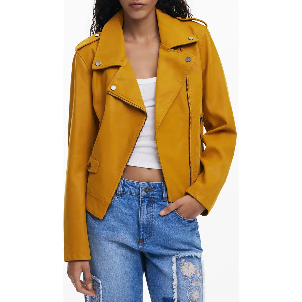 Desigual Faux Leather Moto Jacket in Dark Yellow at Nordstrom, Size X-Small | Nordstrom