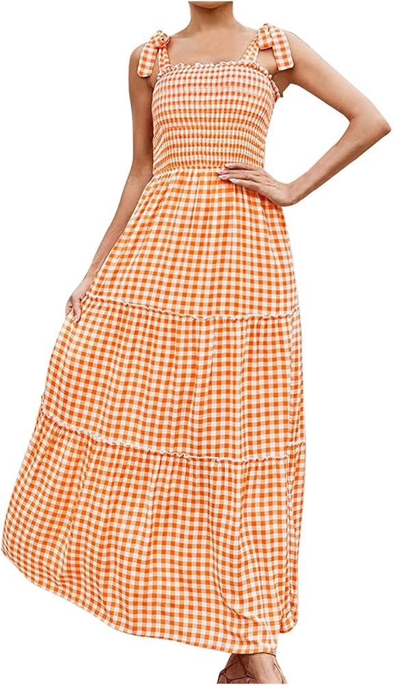 Summer Women's Cute Plaid Dresses Casual Tie Shoulder Gingham Tunic Dress Tiered Ruffle Sundresse... | Amazon (US)