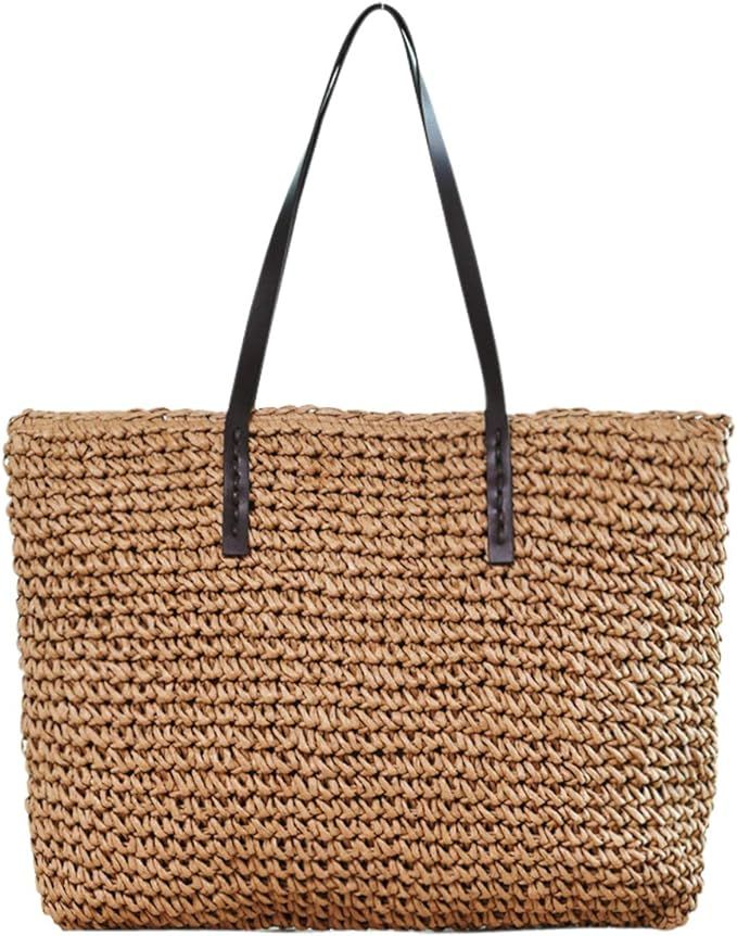 Ayliss Women Straw Woven Tote Large Beach Handmade Weaving Shoulder Bag Handbag (Khaki #1) | Amazon (US)
