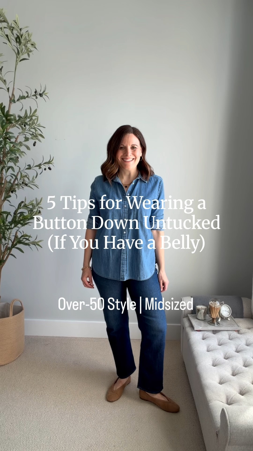 A button-down shirt is a great style to wear untucked and to cover a belly.⁠
⁠
The vertical line created by the button placket in the center draws the eye up and down, elongating the torso for a long, lean look. The structure creates a clean and streamlined silhouette.⁠
⁠
Start with a shirt that fits in the shoulders and doesn’t pull or gape across the bust or belly.⁠
⁠
1️⃣ Choose a shirt with sides that are cut up, to show the hip and lengthen the leg line. ⁠
2️⃣Keep proportions balanced by wearing jeans or pants that are fitted in the hips and thighs.⁠
3️⃣ Leave a few buttons open at the neck to create a v-neck that draws the eye up to your face. ⁠
4️⃣Leave a button or two open at the bottom to create movement ⁠
5️⃣ Roll up your sleeves. The rolled sleeve draws the eye to the waist, creating the illusion of definition. It shows your wrists, the slimmest part of the arm, and breaks up the wall of fabric. ⁠
⁠
On me: midrise straight jeans from @jcrewfactory. The shirt is from LOFT a few seasons ago. A similar option is linked. ⁠

#LTKMidsize #LTKOver40