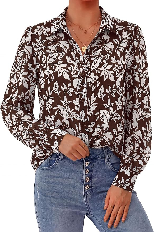 PRETTYGARDEN Womens Floral Blouses Dressy Casual Long Sleeve Fall Tops 2026 | V Neck, Button Down... | Amazon (US)