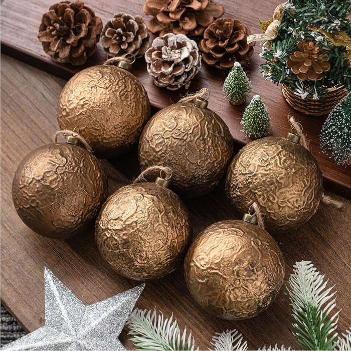 6 Pcs Farmhouse Christmas Ball Ornaments 3.15'' Vintage Antique Gold Christmas Tree Decor Rustic ... | Amazon (US)
