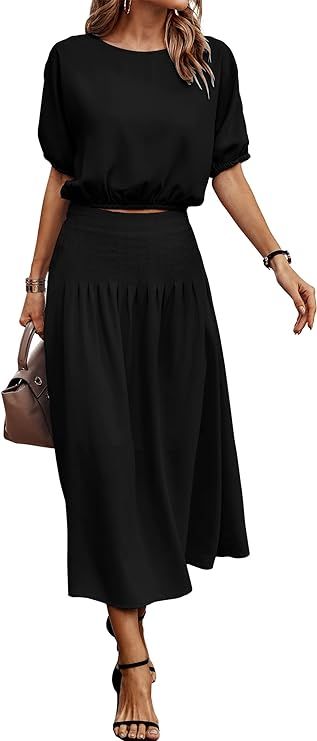 ECOWISH Women's Two Piece Outfits - Summer 2 Piece Dresses 2024 Crop Tops Pleated Midi Skirt Set | Amazon (US)