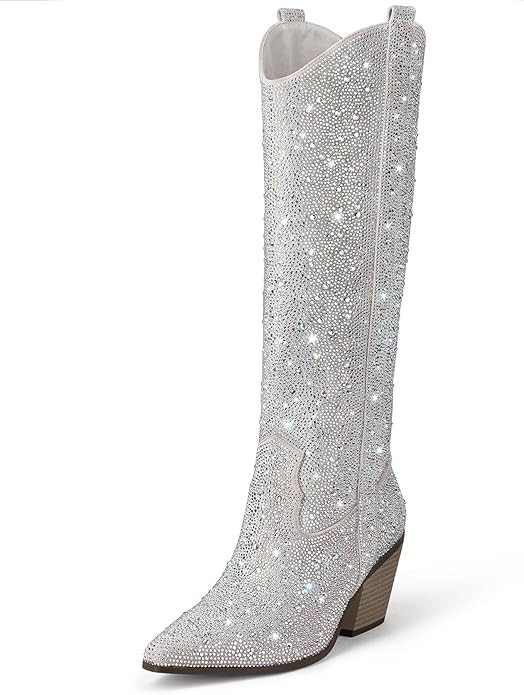 MUCCCUTE Women's Rhinestone Mid Calf Boots Sparkly Block Heel Cowboy Boots Glitter Boots | Amazon (US)