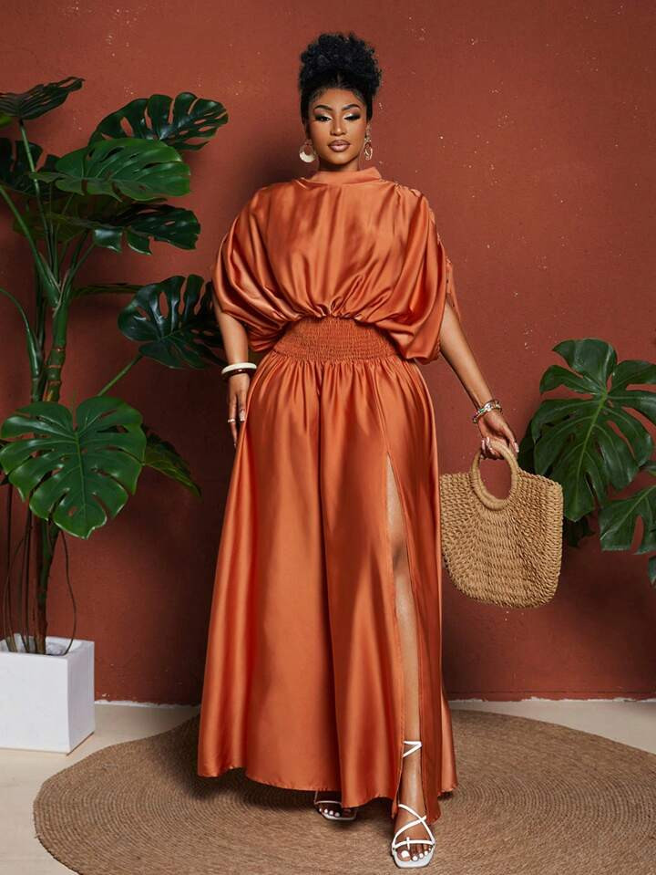 Maweii Plus Size Elegant Solid Color Batwing Sleeve High Slit Dress | SHEIN