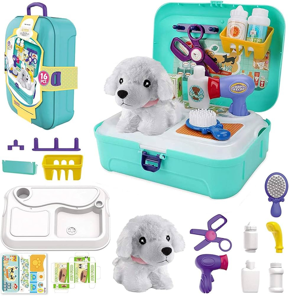 TEUVO Pet Care Play Set Doctor Kit for Kids, 16 Pcs Doctor Pretend Play Vet Dog Grooming Toys Pup... | Amazon (US)