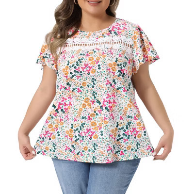 Women's Plus Size Floral Front Lace Hollow Crew Neck Short Sleeve Summer Blouse - Agnes Orinda 1X White | Target