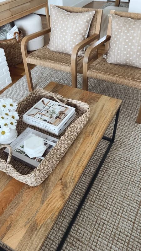 In our living room I kept the West Elm mango wood coffee table decor simple with a basket filled with a few books, coasters and a small vase of flowers. The rug is from Pottery Barn and it’s the chunky wool jute rug in natural  

#LTKsalealert #LTKhome #LTKFind