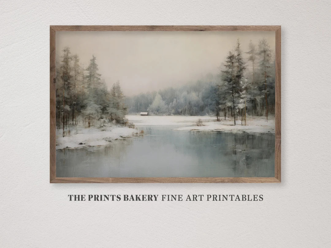 PRINTABLE Winter Snowy Forest Lakeside Print Vintage - Etsy | Etsy (US)