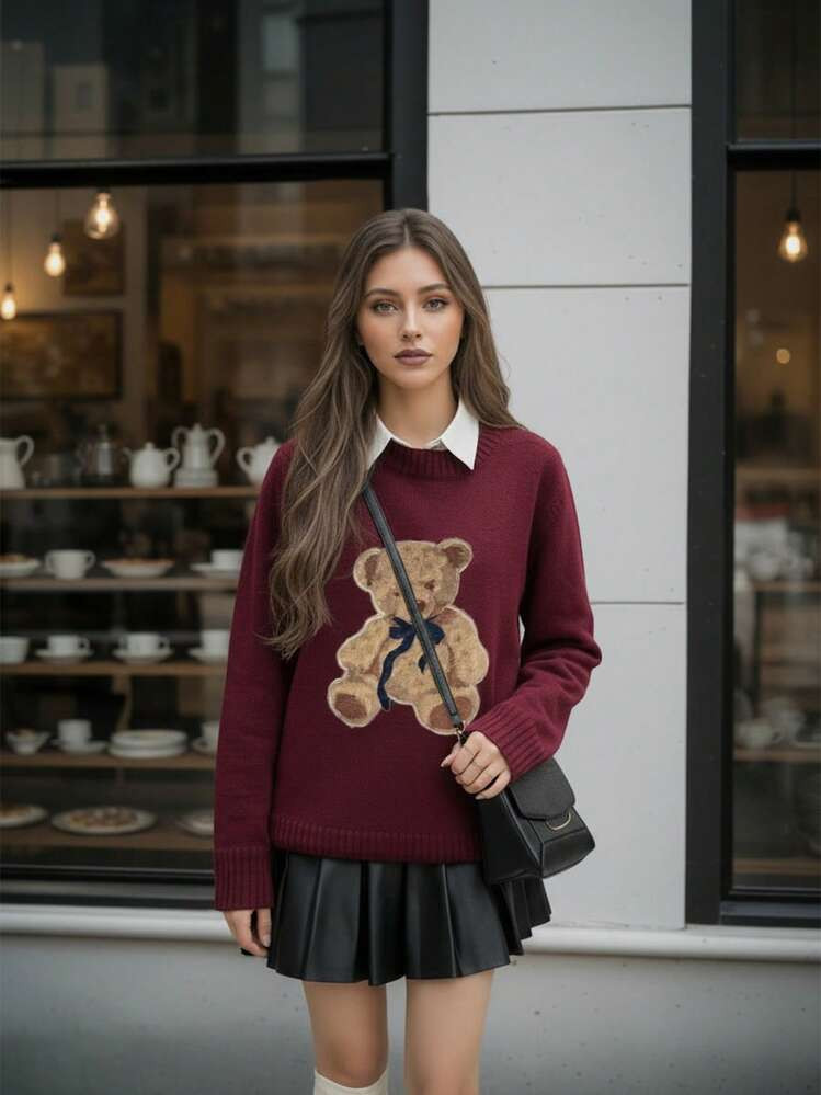 Women's Casual Cartoon Bear Ribbed Crew Neck Knit Long Sleeve Sweater, Suitable For Autumn/Winter | SHEIN