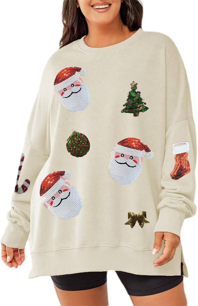 Argeousgor Women Christmas Sweatshirt Sequin Santa Claus Oversized Long Sleeve Sweater Christmas ... | Amazon (US)