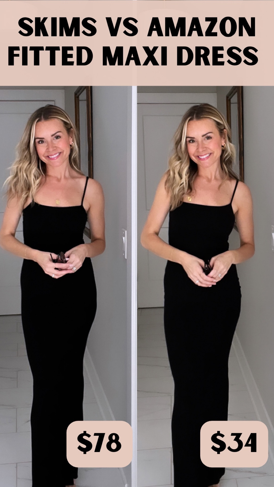  No, that’s not a double take of the same dress — the one on the left is Skims brand ($78) and the one on the right is Amazon ($34).  They are absolutely identical in feel, fit, fabric, size, and texture.  This is maybe the best “look for less” I’ve ever seen!  Definitely keeping the amazon one - it’s so flattering and comes in a ton of colors!  The sunnies are also a designer dupe and a 2-pack is only $12 on amazon!