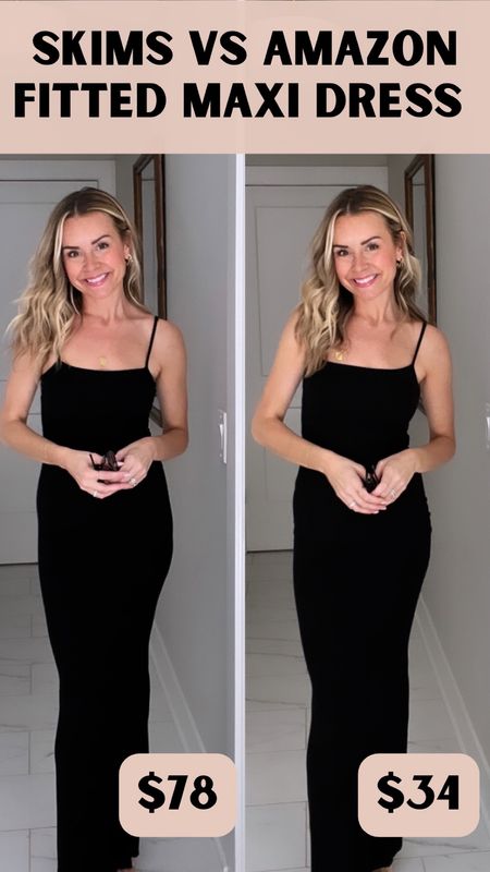  No, that’s not a double take of the same dress — the one on the left is Skims brand ($78) and the one on the right is Amazon ($34).  They are absolutely identical in feel, fit, fabric, size, and texture.  This is maybe the best “look for less” I’ve ever seen!  Definitely keeping the amazon one - it’s so flattering and comes in a ton of colors!  The sunnies are also a designer dupe and a 2-pack is only $12 on amazon!