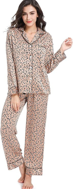 Serenedelicacy Women's Satin Pajama Set Long Sleeve Button Down Sleepwear 2-Piece Striped Silky P... | Amazon (US)