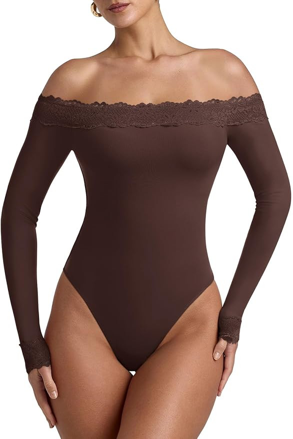 REORIA Women's Sexy Off The Shoulder Long Sleeve Bodysuit Lace Body Suits Going Out Tops Fall Out... | Amazon (US)