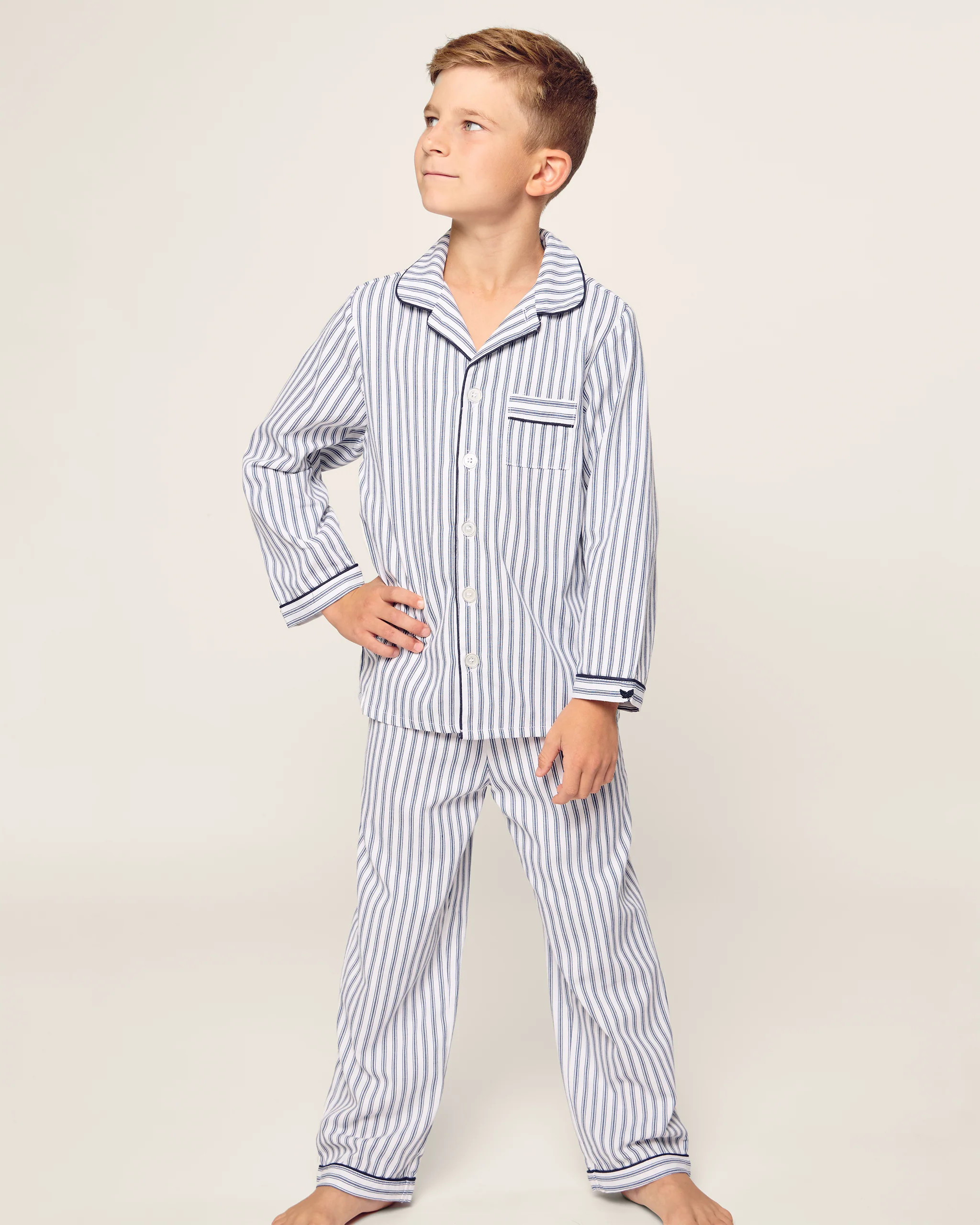 Kid's Twill Pajama Set in Navy French Ticking | Petite Plume
