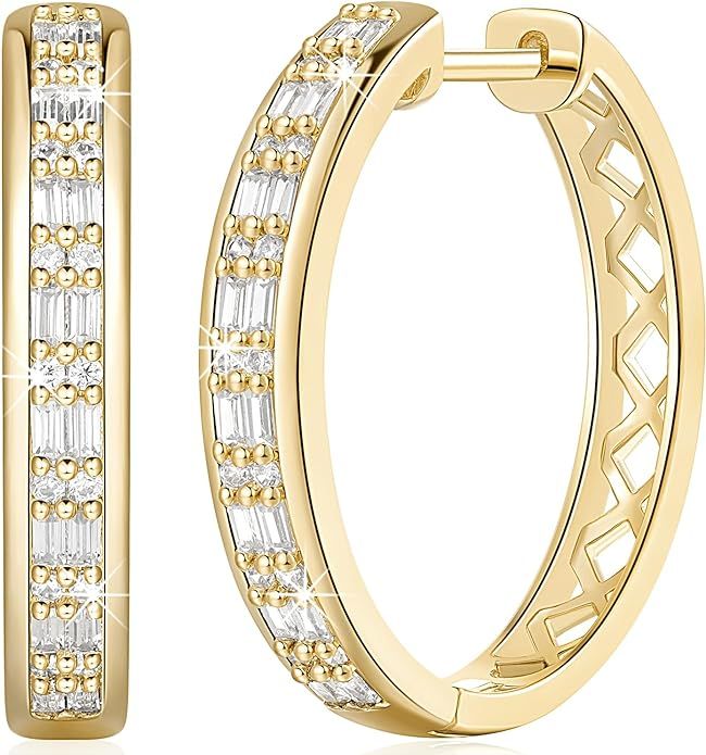 NICRET Gold Hoop Earrings 14K Gold Huggie Hoop Earrings Gleaming Diamond Earrings with Cubic Zirc... | Amazon (US)
